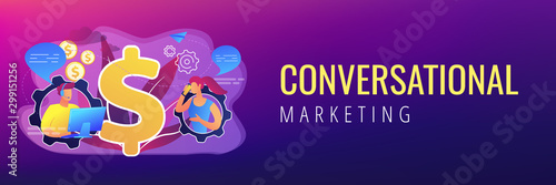 Customer has conversation on smartphone with assistant in real-time. Conversational sales, conversational marketing, real-time chatbot sale concept. Header or footer banner template with copy space.