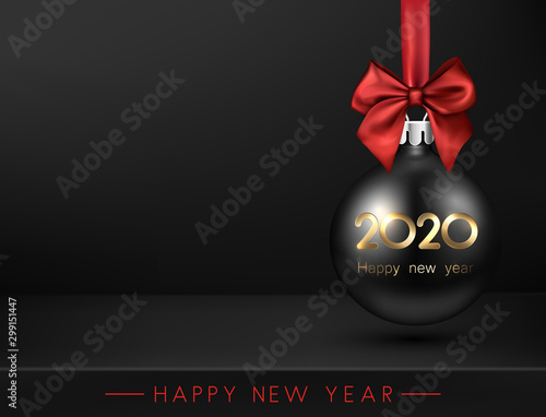 Black Happy New Year 2020 background with 3d Christmas ball.