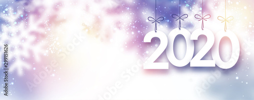 Lilac blurred 2020 New Year banner with snowflakes.
