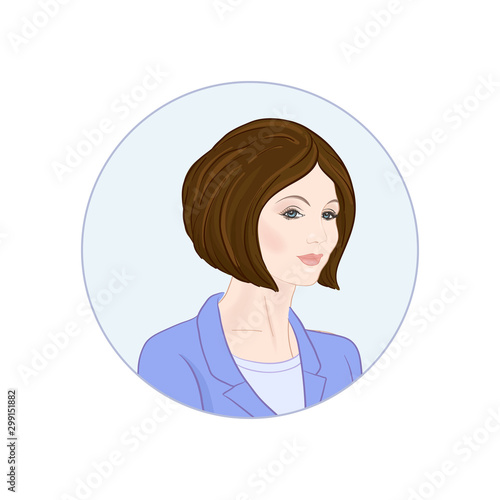 Beautiful woman 30-39 or 40-49, hand drawn portrait, office style hairstyles and clothes, vector line art illustration in a circle.