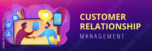 Manager shakes hands with customer, strategy for interactions with client. Customer relationship management, CRM system, CRM lead management concept. Header or footer banner template with copy space.