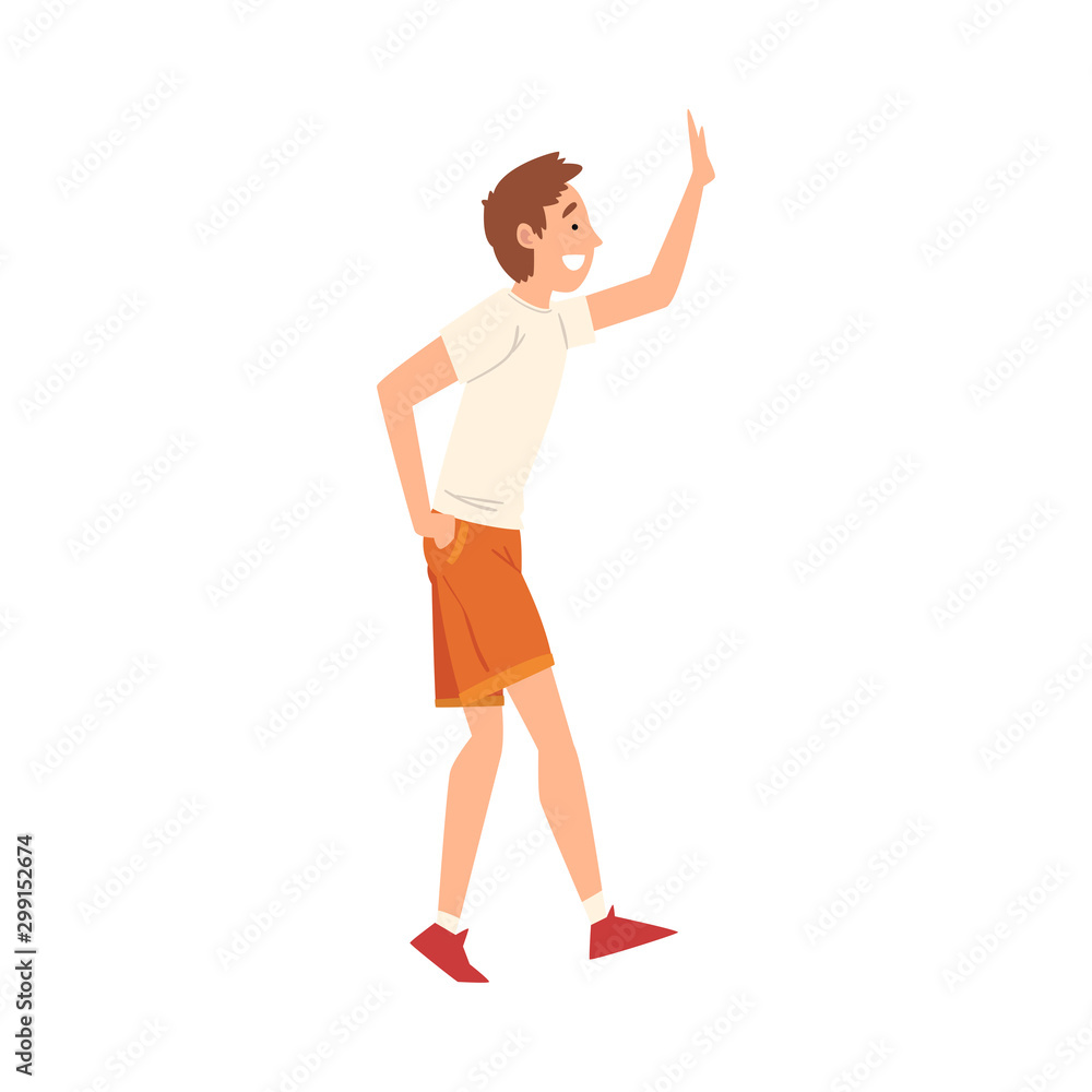Smiling Man in Casual Clothes Giving High Five, Guy Greeting Partner or Friend Vector Illustration Smiling Man in Casual Clothes Giving High Five, Guy Greeting Partner or Friend Vector Illustration