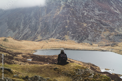 Sat looking down at Lake Idwal, Llyn Idwal, Snowdonia, Wales photo