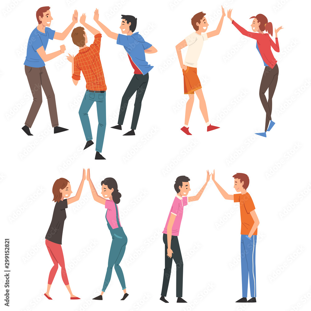 Obraz premium Men and Women Giving High Five to Each Other Set, Meeting of People, Greeting of Freinds or Partners Vector Illustration