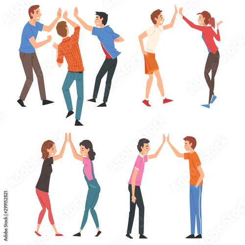 Men and Women Giving High Five to Each Other Set, Meeting of People, Greeting of Freinds or Partners Vector Illustration