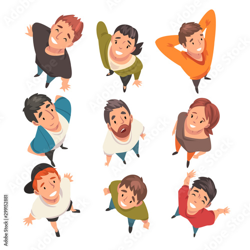 Smiling People Characters Looking Up Set, View from Above Vector Illustration
