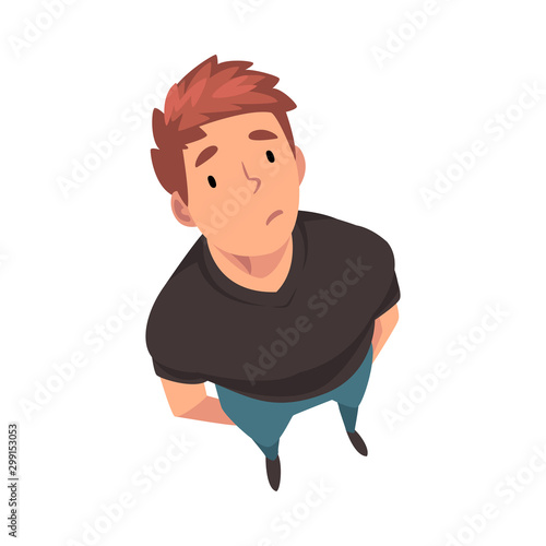 Thoughtful Young Man Character Looking Up, View from Above Vector Illustration
