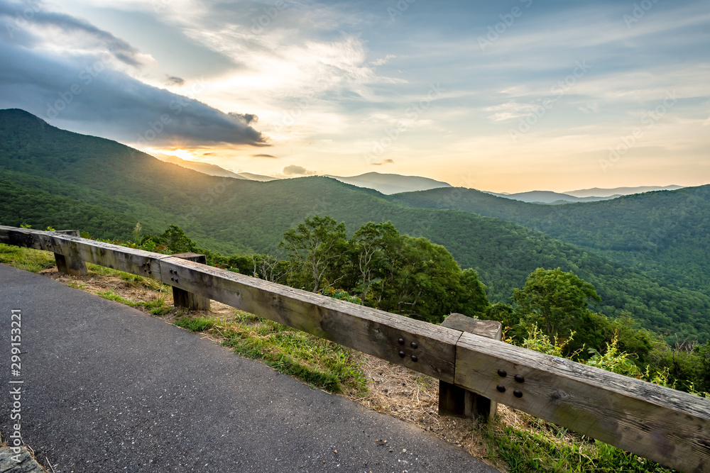 Scenic drive from Lane Pinnacle Overlook on Blue Ridge Parkway at sunrise time.