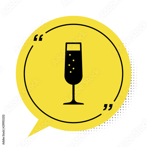 Black Glass of champagne icon isolated on white background. Yellow speech bubble symbol. Vector Illustration