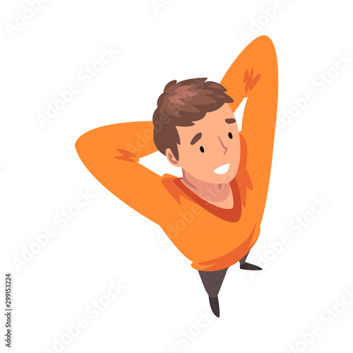 Cheerful Young Man Character Looking Up Throwing His Hands Over His Head, View from Above Vector Illustration