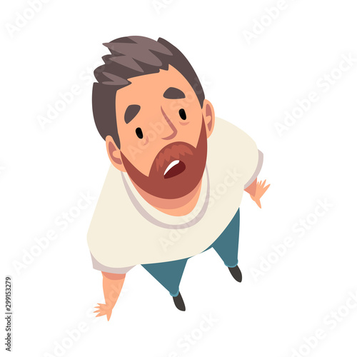 Bearded Man Character Looking Up, View from Above Vector Illustration