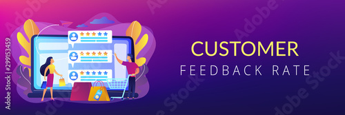 Tiny people customers rating online with reputation system program. Seller reputation system, top rated product, customer feedback rate concept. Header or footer banner template with copy space.