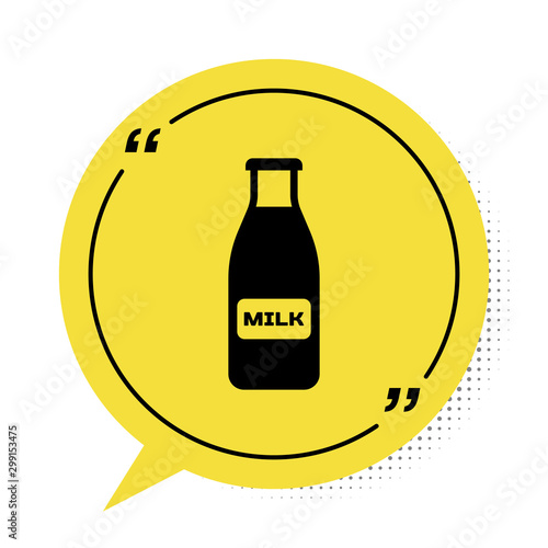 Black Closed glass bottle with milk and cap icon isolated on white background. Yellow speech bubble symbol. Vector Illustration