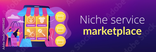 Tiny people customers buy babies goods online from smartphone. Niche service marketplace, innovative online retail, particular goods e-trade concept. Header or footer banner template with copy space.