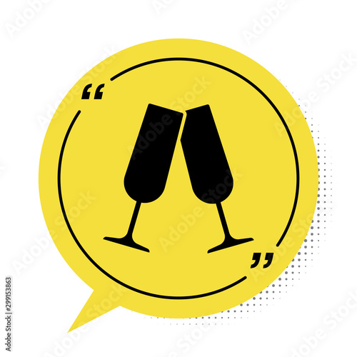 Black Glasses of champagne icon isolated on white background. Yellow speech bubble symbol. Vector Illustration