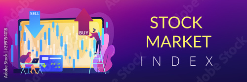 Tiny people stock traders at laptop with graph chart buy and sell shares. Stock market index, stockbroking company, stock exchange data concept. Header or footer banner template with copy space.
