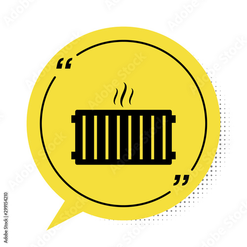 Black Heating radiator icon isolated on white background. Yellow speech bubble symbol. Vector Illustration