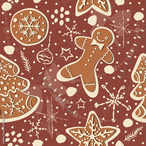 Cute Winter Seamless Pattern with gingerbread cookies.