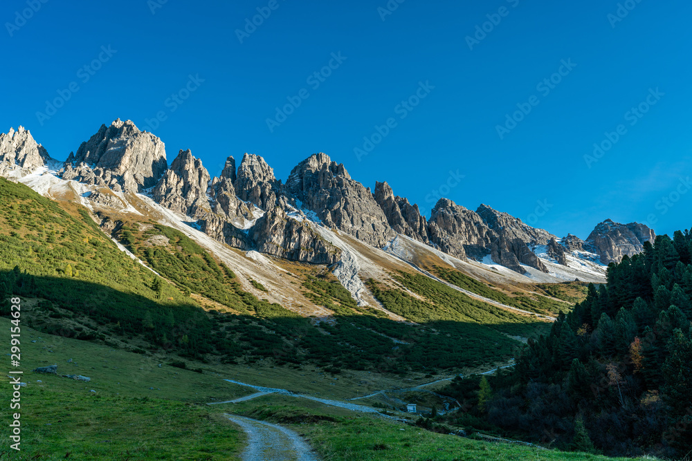 Panoramic view of the austrian Kalkkoegel alpine mountains near Kemater Alm