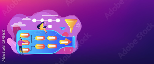Tiny business people at bottle looking for system least capacity. Bottleneck analysis, bottlenecking control, workflow improvement concept. Header or footer banner template with copy space.