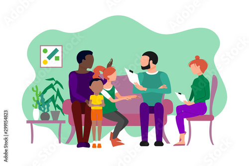 Negotiations in adoption agency. Male and female agents, african american or indian husband and caucasian wife, little dark skin orphan girl.  Government child protective department.