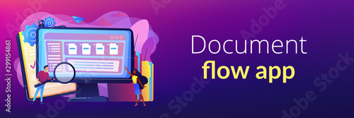 Tiny business people with magnifier work with document management on computer. Document management soft, document flow app, compound docs concept. Header or footer banner template with copy space.