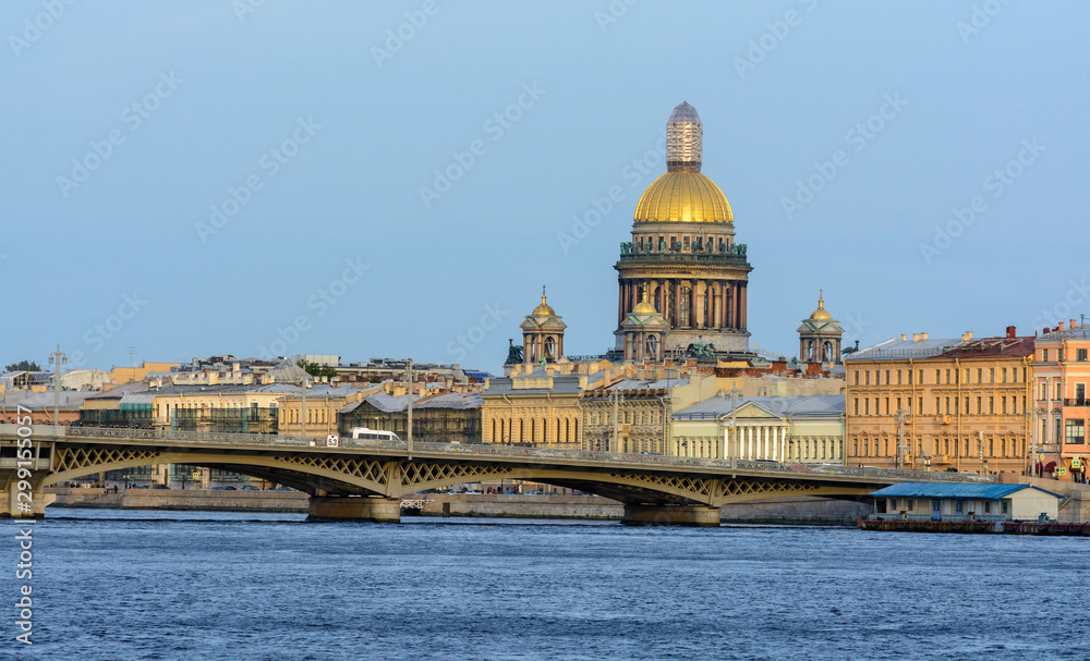 Panorama of Promenade des Anglais with the Annunciation bridge, Neva and St. Isaac's Cathedral in the city of St. Petersburg. The historic city center.