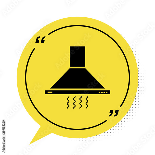 Black Kitchen extractor fan icon isolated on white background. Cooker hood. Kitchen exhaust. Household appliance. Yellow speech bubble symbol. Vector Illustration