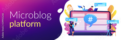 Tiny people customers receive messages from microblogging service. Microblog platform, microblogging market, microblog marketing service concept. Header or footer banner template with copy space.
