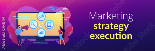 Tiny people managers plan and analyse campaign. Marketing campaign management, marketing strategy execution, campaign efficiency control concept. Header or footer banner template with copy space.