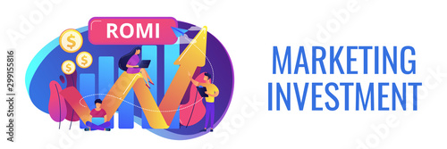 Marketing investment effectiveness chart, tiny people. Marketing investment, return on marketing investment, advertising investment returns concept. Header or footer banner template with copy space.