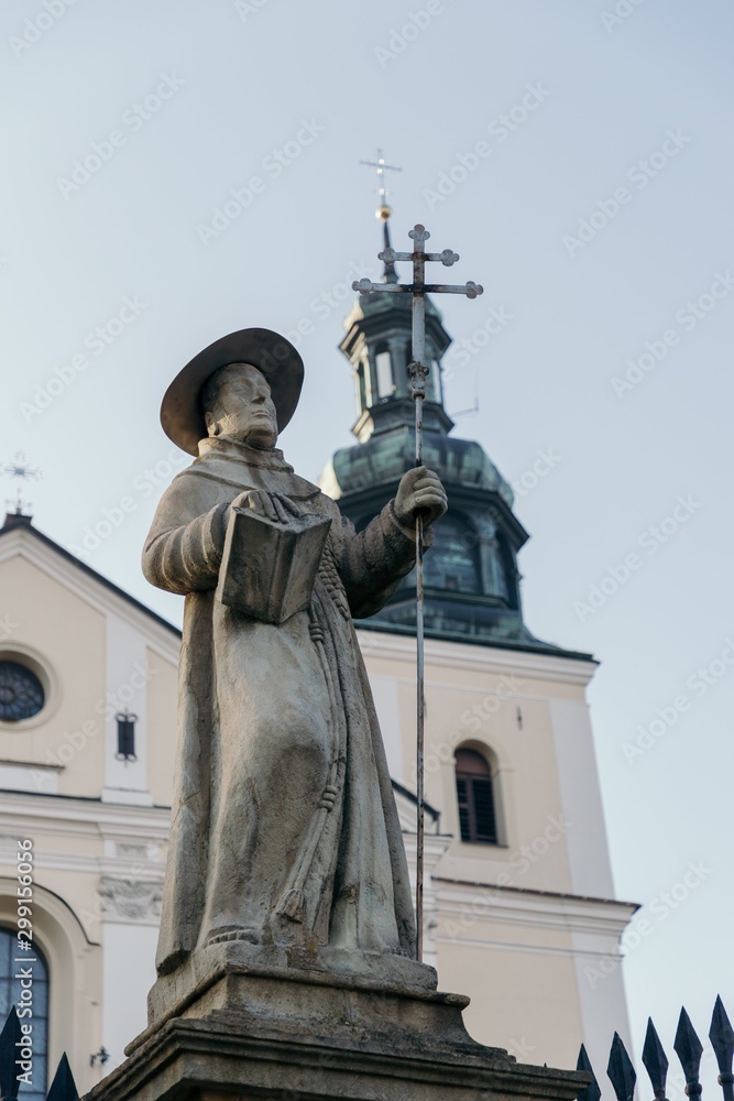 Entrance to the basilica of St. Mary. Kalwaria Zebrzydowska, Poland. Sculpture, details