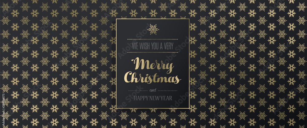 Christmas golden vector background illustration with snowflakes and Merry Christmas text - obrazy, fototapety, plakaty 