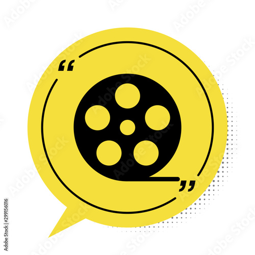 Black Film reel icon isolated on white background. Yellow speech bubble symbol. Vector Illustration