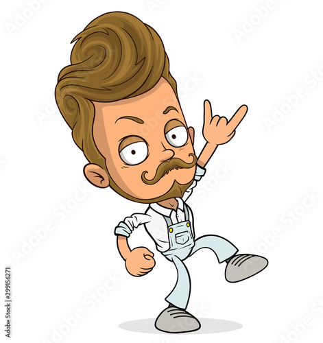 Cartoon funny waiter boy character in uniform showing rock and roll sign. Layered vector for animations. Isolated on white background. Vector icon.