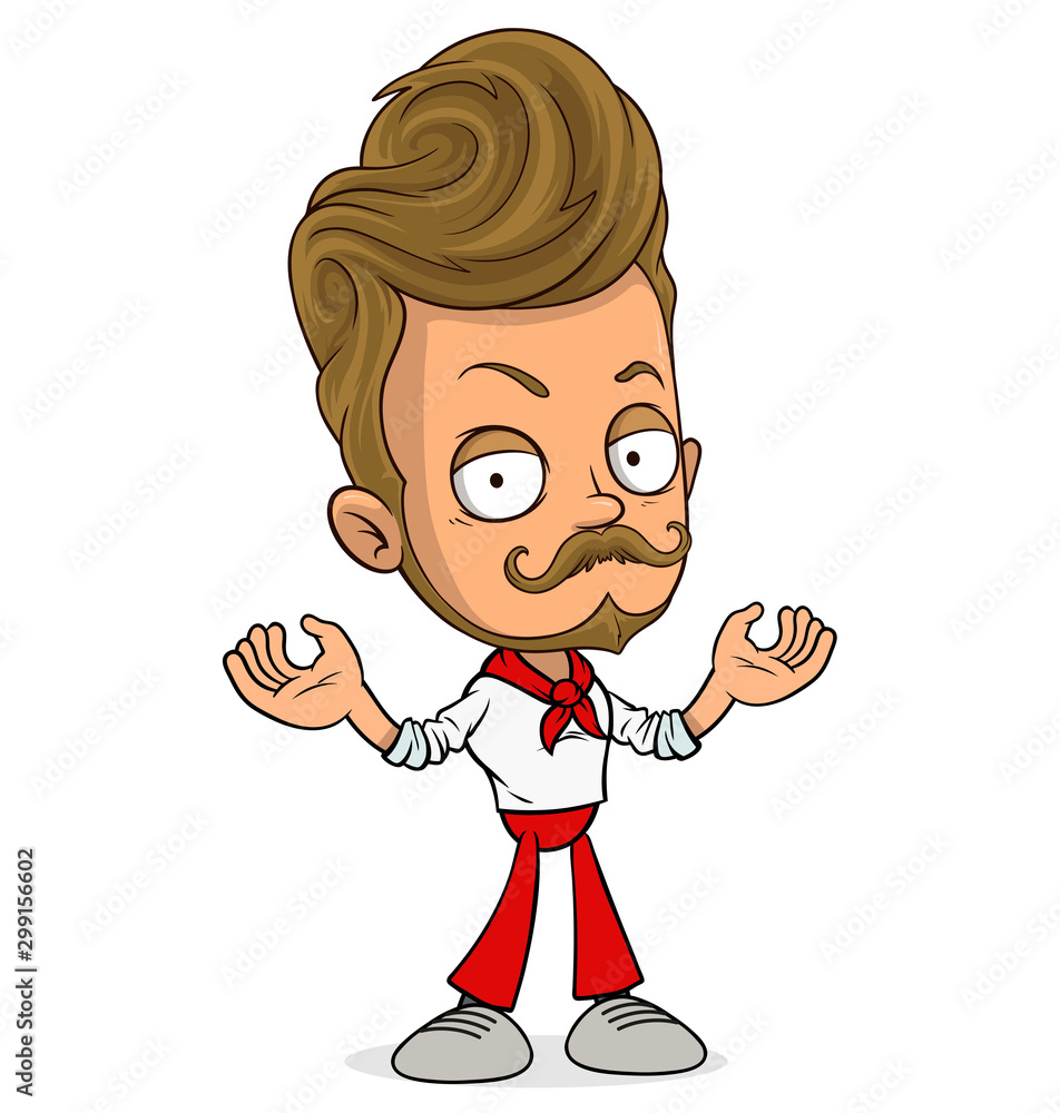 Cartoon funny stylish waiter boy character in uniform with red tie. Layered vector for animations. Isolated on white background. Vector icon. Cartoon funny stylish waiter boy character in uniform with red tie. Layered vector for animations. Isolated on white background. Vector icon.
