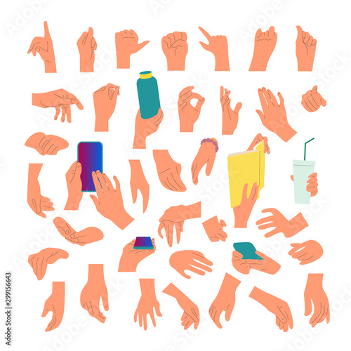 Set of many different human hand gestures, holding smart phone, book, cup, swiping screen, Isolated on white background. Flat style stock vector illustration