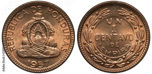 Fotografie Honduras Honduran coin 1 one centavo 1957, arms, tow horns of plenty above oval