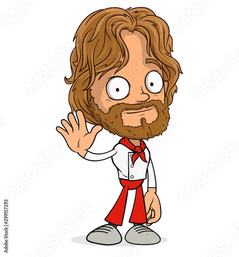 Cartoon funny long haired smiling chef cook boy character with beard in uniform. Layered vector for animations. Isolated on white background. Vector icon.