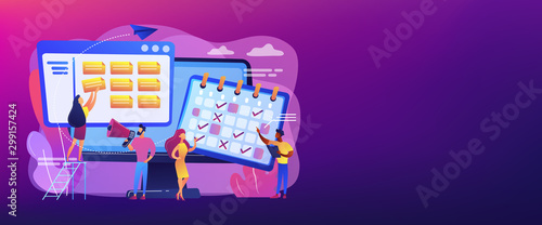 Time management, marketers teamwork. Media planning, media representation control, reach your client, best media plan for your brand concept. Header or footer banner template with copy space.