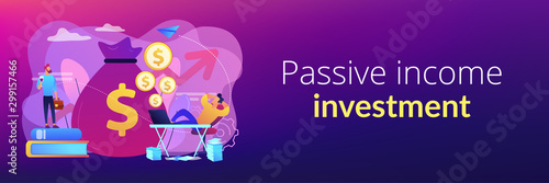 Stock market investing, online monetization. Remote job, freelance work. Passive income, rental activity income, passive income investment concept. Header or footer banner template with copy space.