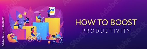 Office interior. People working in creative workspace on open space. Modern workplace, employee happiness, how to boost productivity concept. Header or footer banner template with copy space.