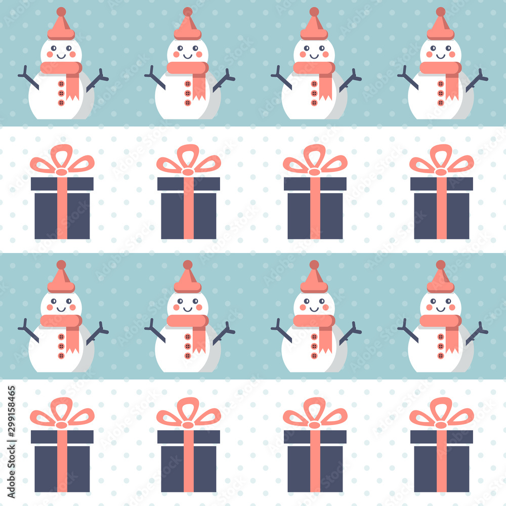 Christmas presents and snowmen. Seamless vector illustration with gift boxes and bows, funny snowmen Christmas presents and snowmen. Seamless vector illustration with gift boxes and bows, funny snowmen
