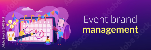Colleagues preparing for corporate party. Time management, deadline. Brand event. Event brand management, sponsored event organization concept. Header or footer banner template with copy space.