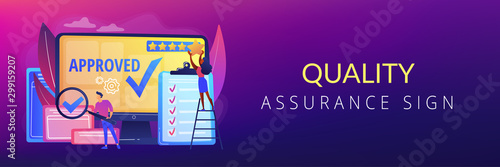 Approval mark. Product advantage. Rating and reviews. Meeting requirements. High quality sign, quality control sign, quality assurance sign concept. Header or footer banner template with copy space.