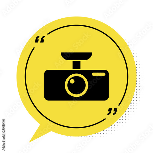 Black Car DVR icon isolated on white background. Car digital video recorder icon. Yellow speech bubble symbol. Vector Illustration