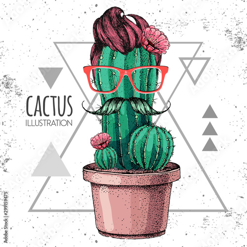 Hand drawing hipster cactus with mustache vector illustration on grunge triangle background