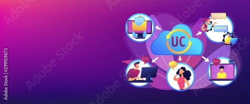 Communication integration. Collaboration service. Unified communication, unified communications platform, consistent unified user interface concept. Header or footer banner template with copy space..