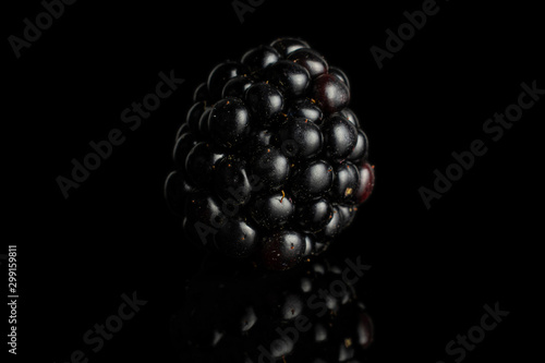 One whole fresh black blackberry isolated on black glass