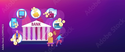Finance services. Financial transaction. E-commerce and e-payment. Banking operations, main banking processing, easy banking services concept. Header or footer banner template with copy space..